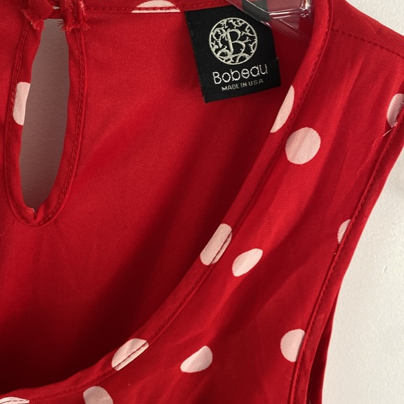 BOBEAU red white polka dots sheer chiffon dress L - Picture 3 of 5